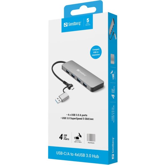 Sandberg 136-63 USB-C/A USB 3.0 elosztó, 4 USB-A port, alumínium, ezüst/fekete
