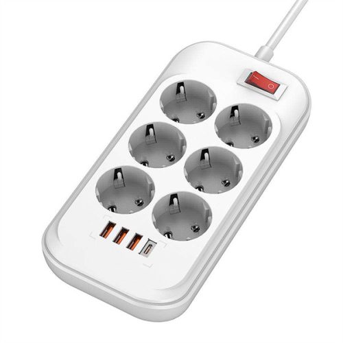 COLORWAY Hálózati elosztó, CW-CHE64PDW, 6 tápcsatlakozó/4USB (C típusú PD20W + 3USB QC3.0) (38W) Fehér 2M