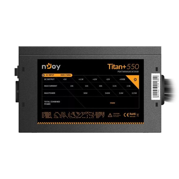 Njoy Titan+ 550 ATX tápegység, 550 W, 80 PLUS Bronze, 120 mm ventilátor, fekete