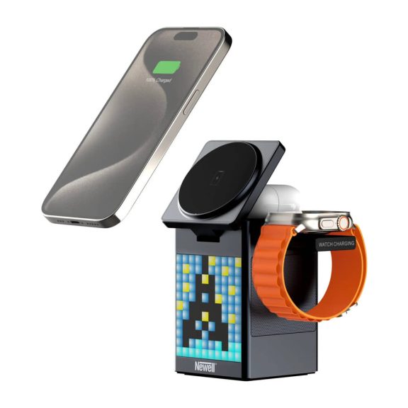 Newell induOne MagPlay vezeték nélküli töltőállomás, MagSafe, Bluetooth hangszóró, RGB kijelző, fekete