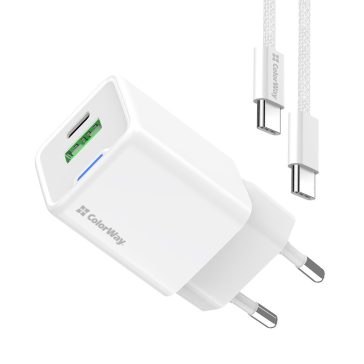   ColorWay CW-CHS053PDC-WT hálózati GaN gyorstöltő 30 W, USB-C PD, USB-A QC4.0, Type-C kábellel, fehér