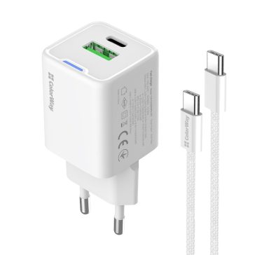   ColorWay CW-CHS053PDC-WT hálózati GaN gyorstöltő 30 W, USB-C PD, USB-A QC4.0, Type-C kábellel, fehér