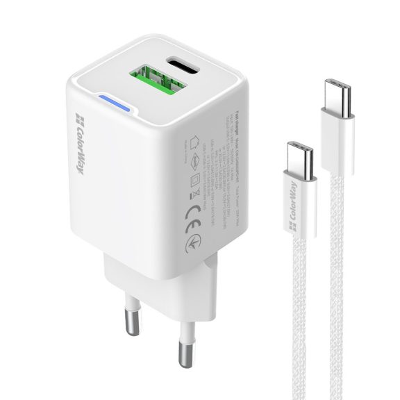 ColorWay CW-CHS053PDC-WT hálózati GaN gyorstöltő 30 W, USB-C PD, USB-A QC4.0, Type-C kábellel, fehér