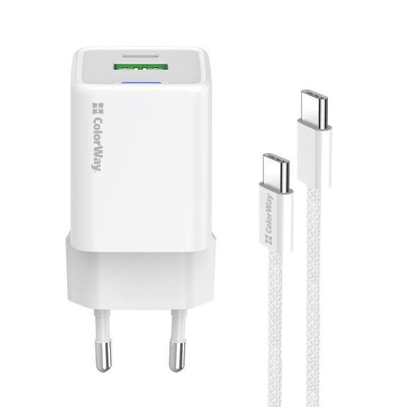 ColorWay CW-CHS053PDC-WT hálózati GaN gyorstöltő 30 W, USB-C PD, USB-A QC4.0, Type-C kábellel, fehér