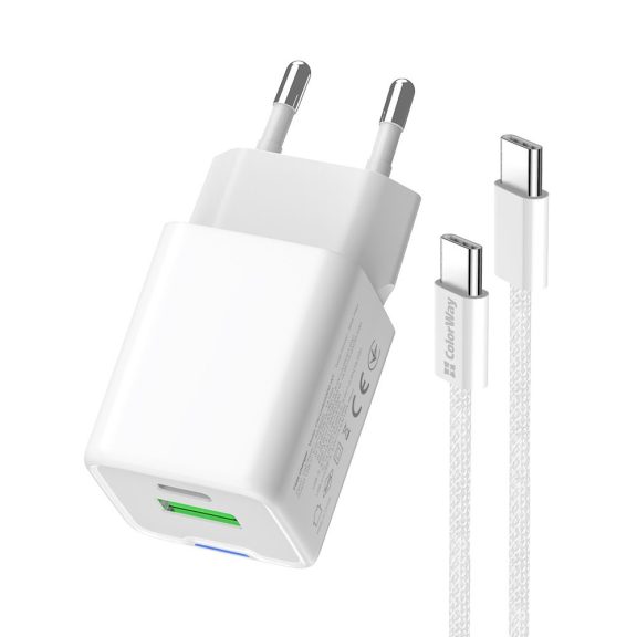 ColorWay CW-CHS053PDC-WT hálózati GaN gyorstöltő 30 W, USB-C PD, USB-A QC4.0, Type-C kábellel, fehér
