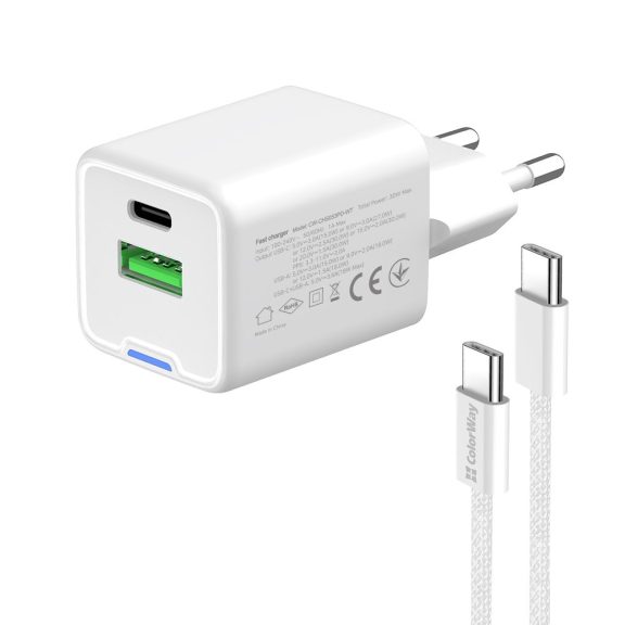 ColorWay CW-CHS053PDC-WT hálózati GaN gyorstöltő 30 W, USB-C PD, USB-A QC4.0, Type-C kábellel, fehér