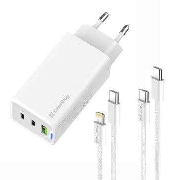   ColorWay CW-CHS058PDCL-WT hálózati GaN gyorstöltő 65 W, 2x USB-C, USB-A, Type-C és Lightning kábellel, fehér