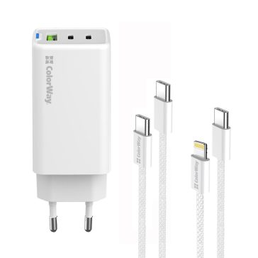   ColorWay CW-CHS058PDCL-WT hálózati GaN gyorstöltő 65 W, 2x USB-C, USB-A, Type-C és Lightning kábellel, fehér