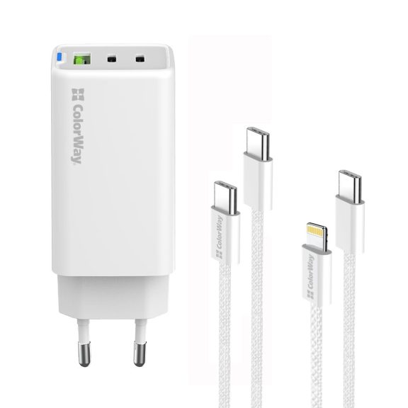 ColorWay CW-CHS058PDCL-WT hálózati GaN gyorstöltő 65 W, 2x USB-C, USB-A, Type-C és Lightning kábellel, fehér
