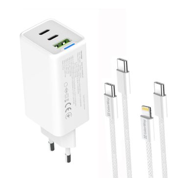   ColorWay CW-CHS058PDCL-WT hálózati GaN gyorstöltő 65 W, 2x USB-C, USB-A, Type-C és Lightning kábellel, fehér