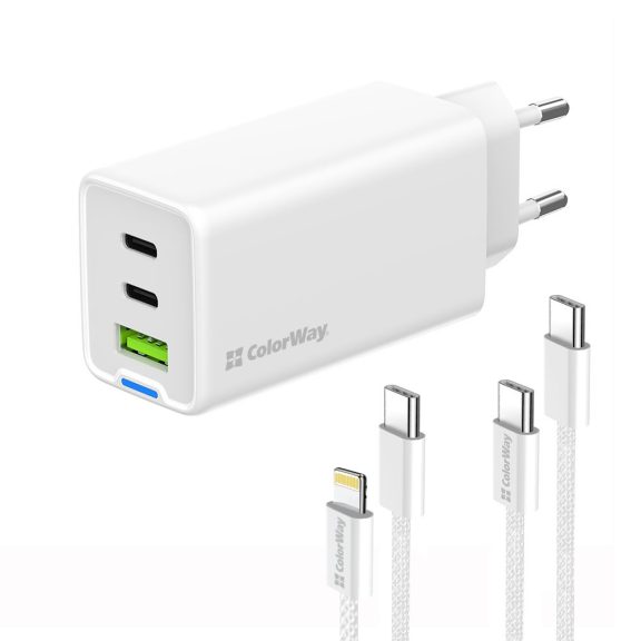 ColorWay CW-CHS058PDCL-WT hálózati GaN gyorstöltő 65 W, 2x USB-C, USB-A, Type-C és Lightning kábellel, fehér