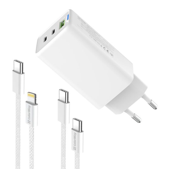 ColorWay CW-CHS058PDCL-WT hálózati GaN gyorstöltő 65 W, 2x USB-C, USB-A, Type-C és Lightning kábellel, fehér