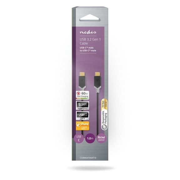 Nedis CCBW64700AT10 USB3.2 Gen 1 USB-C (USB C) dugó - dugó, 60 W, 4K@60Hz, 5 Gbps, 1m