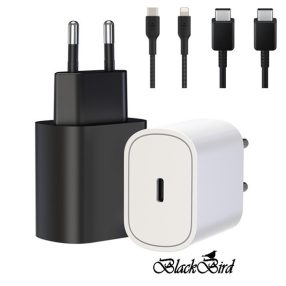   BLACKBIRD Hálózati Adapter T145 25W + Type-C + Lightning kábel 1m, Fekete