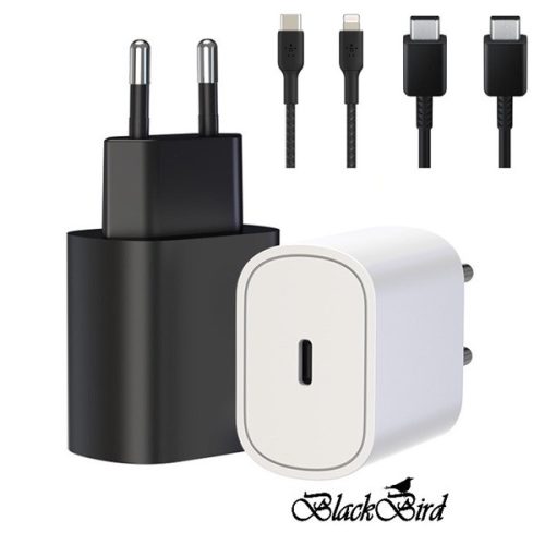BLACKBIRD Hálózati Adapter T145 25W + Type-C + Lightning kábel 1m, Fekete