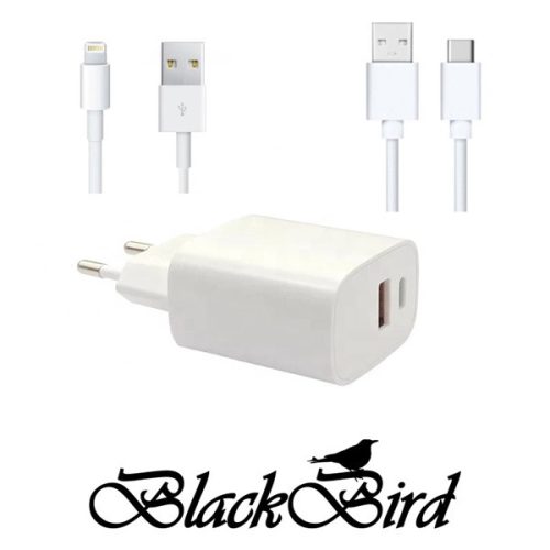BLACKBIRD Hálózati Adapter T131 25W + Type-C + Lightning kábel 1m, Fehér