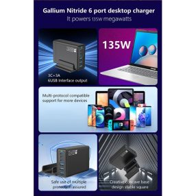   BLACKBIRD Hálózati Töltő GAN 135W 3xUSB-C 20W + 3xUSB 5V, Fekete