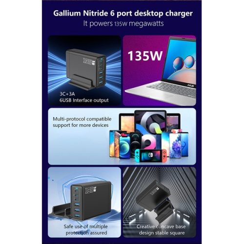 BLACKBIRD Hálózati Töltő GAN 135W 3xUSB-C 20W + 3xUSB 5V, Fekete