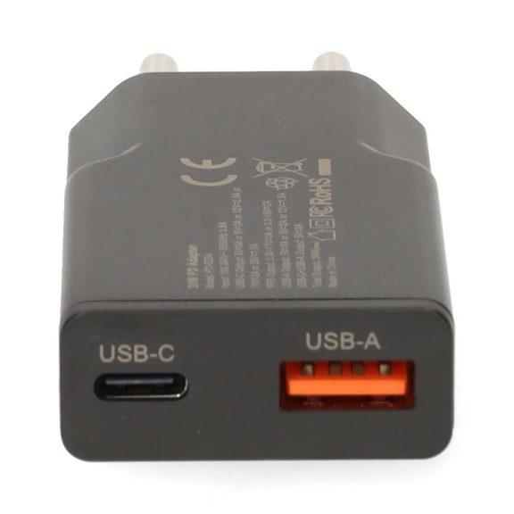 Nedis WCHA30BK 30 W GaN fali töltő, USB-C PD3.0 és USB-A Quick Charge porttal, fekete.