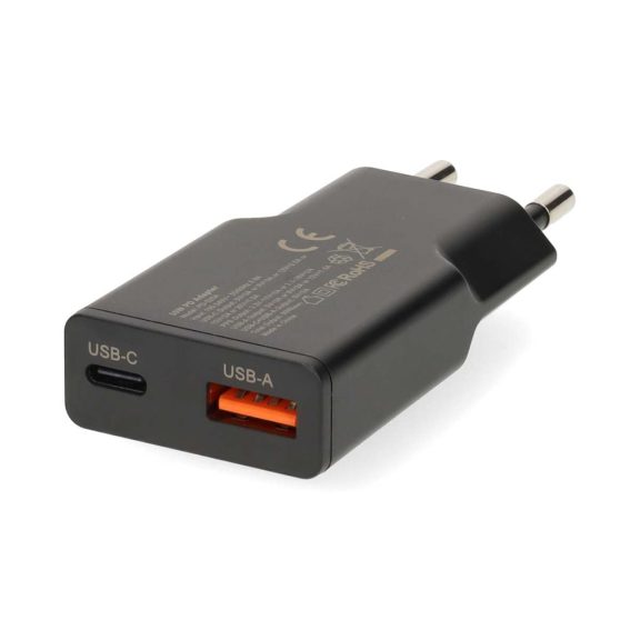 Nedis WCHA30BK 30 W GaN fali töltő, USB-C PD3.0 és USB-A Quick Charge porttal, fekete.