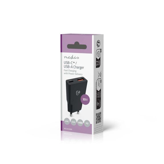 Nedis WCHA30BK 30 W GaN fali töltő, USB-C PD3.0 és USB-A Quick Charge porttal, fekete.