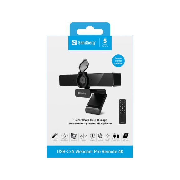 Sandberg USB-C/A Webcam Pro Remote webkamera, 4K, autofókusz, távirányító, zajszűrő mikrofon, fekete