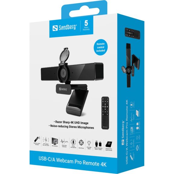 Sandberg USB-C/A Webcam Pro Remote webkamera, 4K, autofókusz, távirányító, zajszűrő mikrofon, fekete