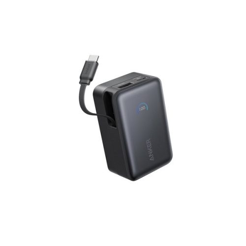 ANKER Powerbank Nano 10000mAh, 45W, Beépített USB-C kábel behúzható, fekete - A1638H11