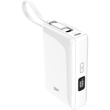   Silicon Power CP10 Power Bank, 10000mAh, USB-C PD 20W, beépített USB-C kábel, digitális LED, fényes fehér