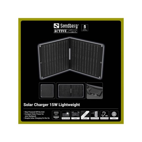 Sandberg Solar Charger 15W Lightweight napelem töltő, USB-C, összecsukható, fekete - 421-42
