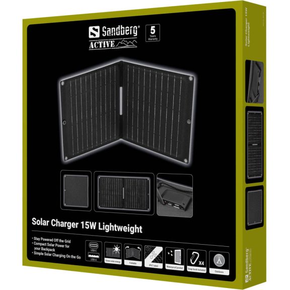 Sandberg Solar Charger 15W Lightweight napelem töltő, USB-C, összecsukható, fekete - 421-42