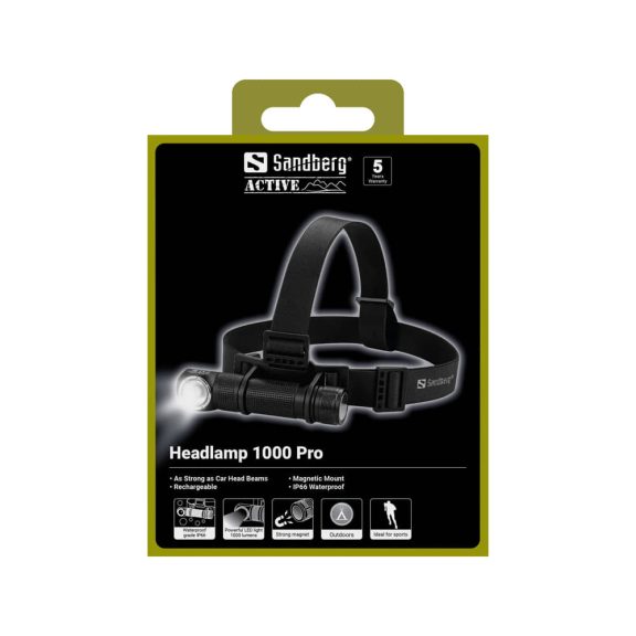 Sandberg Headlamp 1000 Pro fejlámpa, 1000 lumen, USB-C, IP66, fekete - 421-36