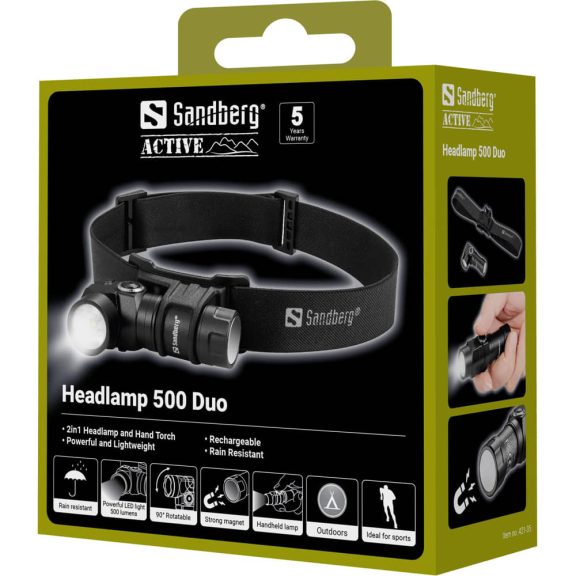 Sandberg Headlamp 500 Duo fejlámpa, 500 lumen, USB-C, 2in1, fekete - 421-35