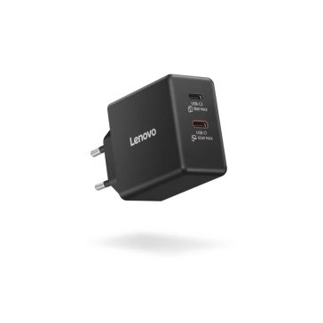   Lenovo Dual USB-C 65W GaN hálózati töltő, GaN, dupla USB-C, fekete