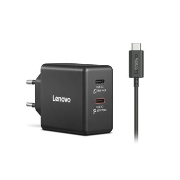   Lenovo Dual USB-C 65W GaN hálózati töltő, GaN, dupla USB-C, fekete
