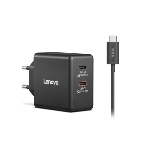 Lenovo Dual USB-C 65W GaN hálózati töltő, GaN, dupla USB-C, fekete