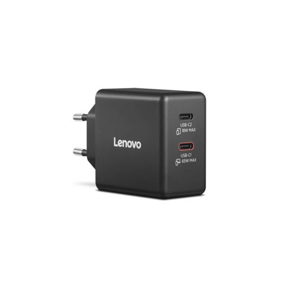 Lenovo Dual USB-C 65W GaN hálózati töltő, GaN, dupla USB-C, fekete