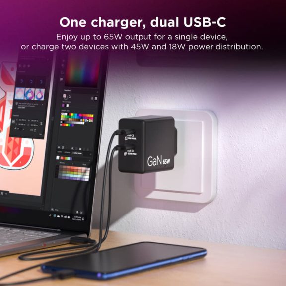 Lenovo Dual USB-C 65W GaN hálózati töltő, GaN, dupla USB-C, fekete