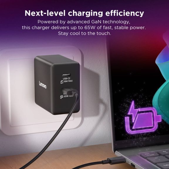 Lenovo Dual USB-C 65W GaN hálózati töltő, GaN, dupla USB-C, fekete