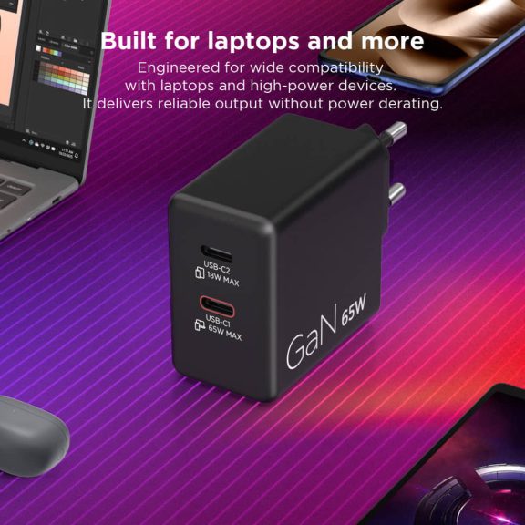 Lenovo Dual USB-C 65W GaN hálózati töltő, GaN, dupla USB-C, fekete