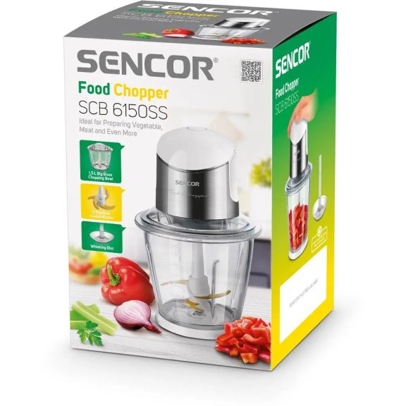 Sencor SCB 6150SS-EUE3 elektromos aprító, 800 W, 1,5 l üvegedény, 4 titánbevonatú kés, Ezüst-fehér