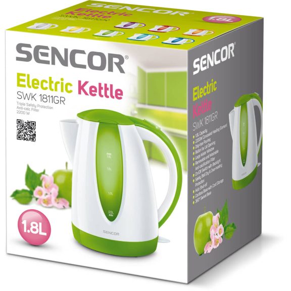 Sencor SWK 1811GR vízforraló, 1,8 liter, 2000 W, rejtett fűtőszál, zöld