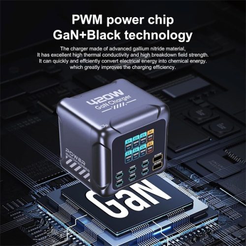 BLACKBIRD Töltőállomás GAN BK-126D 420W 2xUSB-C PD 140W + 4xUSB-C PD 100W + QC 60W Kijelzővel, Fekete