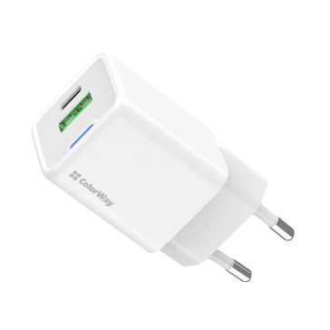   ColorWay GaN Mini 20W USB-C PD és USB QC 4.0 hálózati töltő, kompakt, fehér - CW-CHS062PD-WT