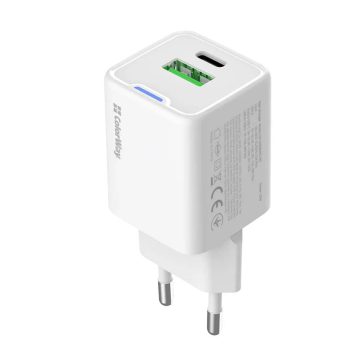   ColorWay GaN Mini 20W USB-C PD és USB QC 4.0 hálózati töltő, kompakt, fehér - CW-CHS062PD-WT