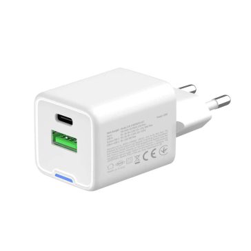   ColorWay GaN Mini 20W USB-C PD és USB QC 4.0 hálózati töltő, kompakt, fehér - CW-CHS062PD-WT