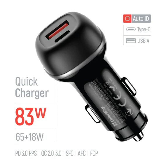 ColorWay autós töltő USB-C PD 65W, USB QC 3.0 18W, gyorstöltés, fekete - CW-CHA068PD-BK