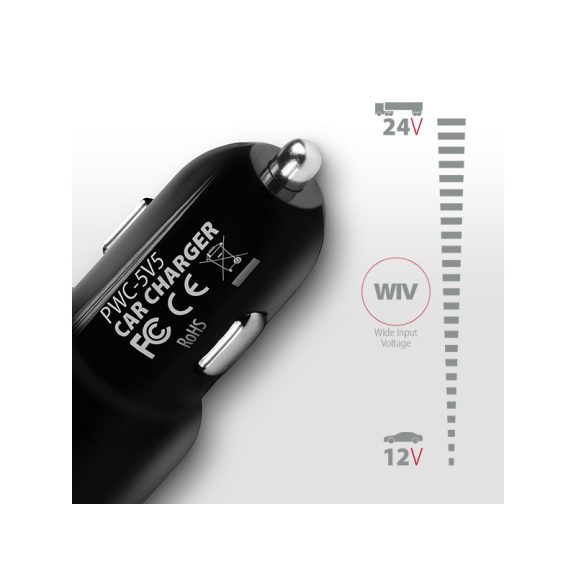Autós töltő Axagon PWC-5V5 USB Type-A 2 port SmartCharge 24W Fekete