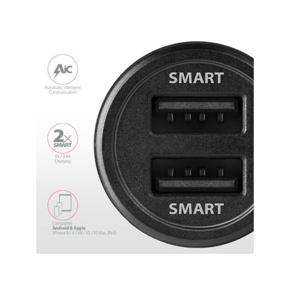 Autós töltő Axagon PWC-5V5 USB Type-A 2 port SmartCharge 24W Fekete