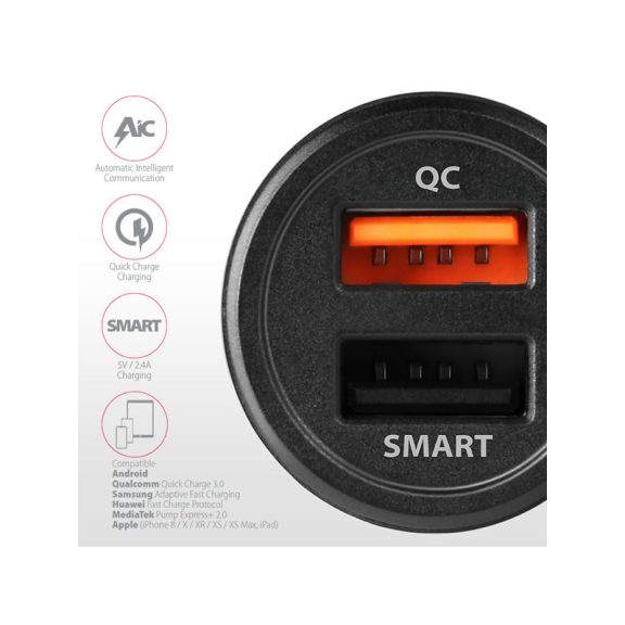 Autós töltő Axagon PWC-QC5 USB Type-A 2 port QuickCharge + SmartCharge 31,5W Fekete